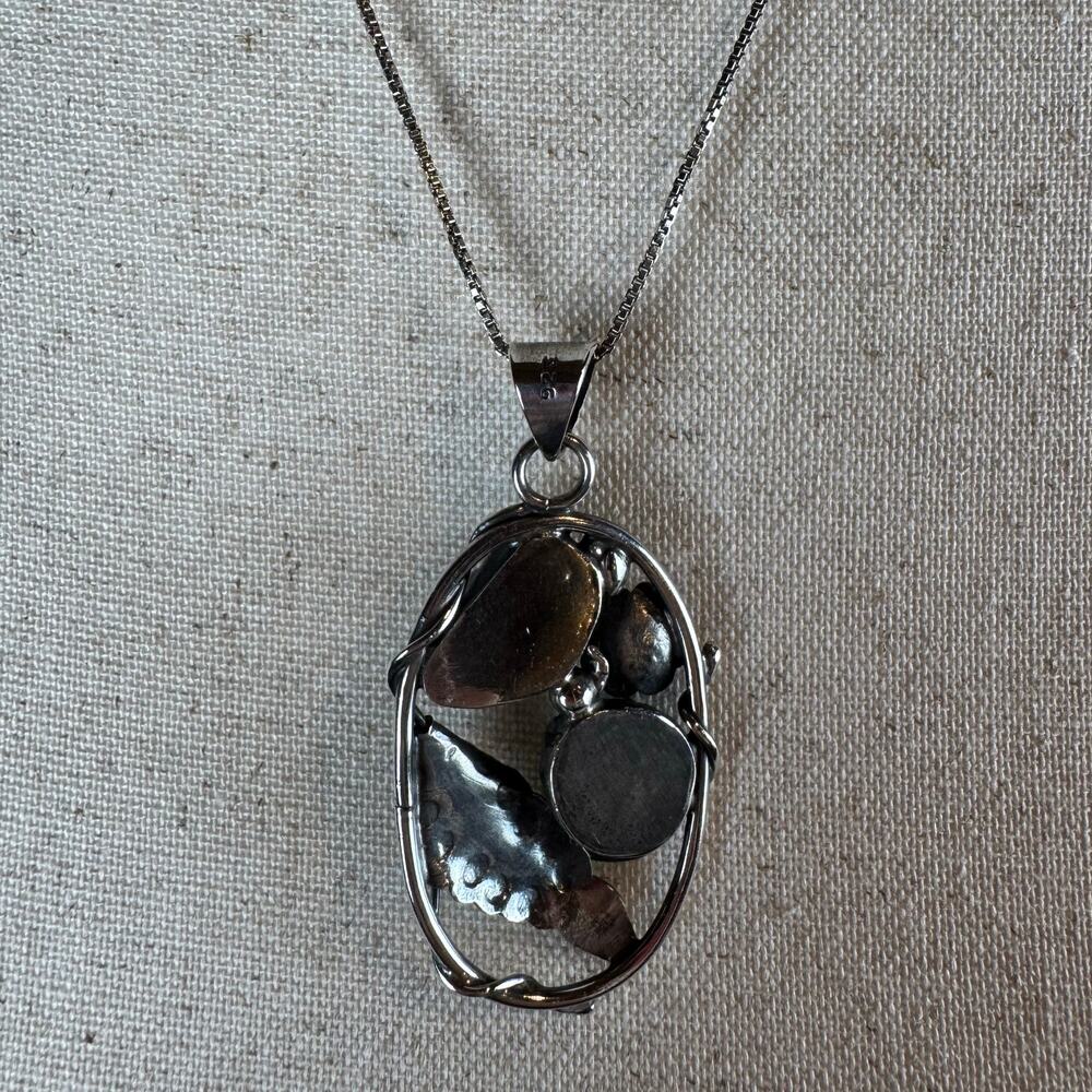 Vintage Y2K Sterling Silver Turquoise Jade Oval Native American Pendant Necklace - Picture 7 of 7